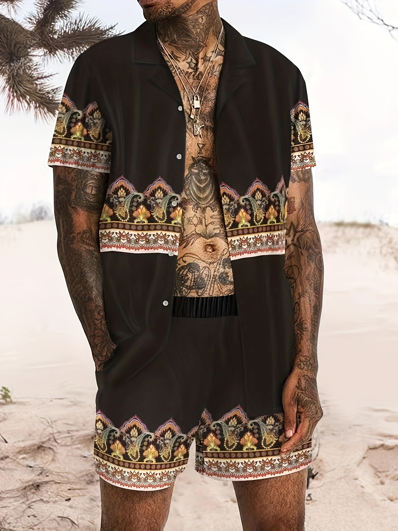 Cotton Boho Style Pattern Embroidery Men's Outfits Long - Temu