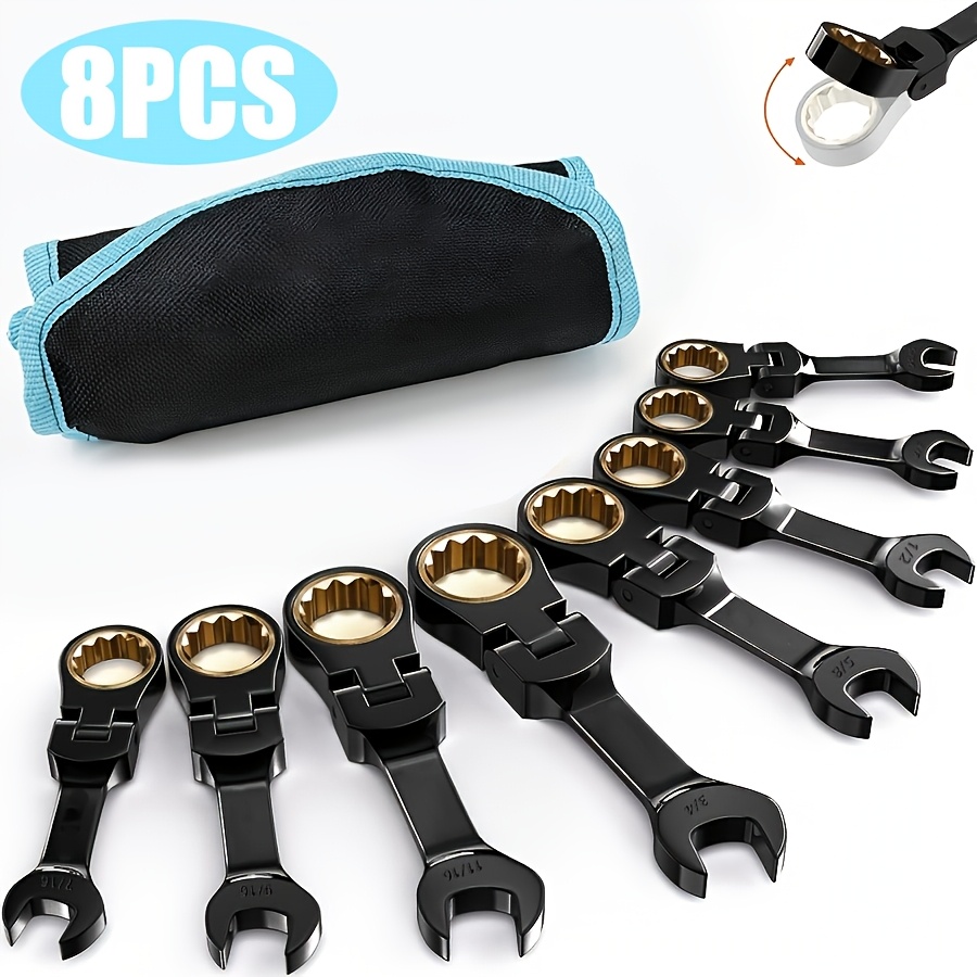 TEMU 8pcs Short-end Ratchet Wrench Set, Short-end Ratchet Wrench, Sae Standard, 72 Teeth, Chromium-vanadium Steel, Plating, Comes With A Molded Bag,