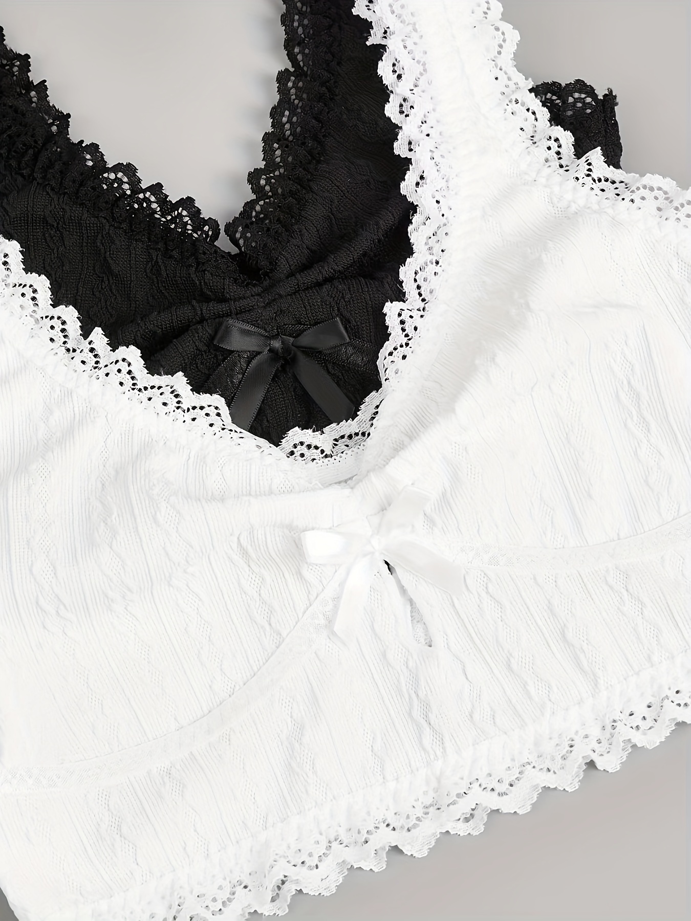 Black White Lace Bra Bow Wide Strap Wireless Bra Women’s - Temu