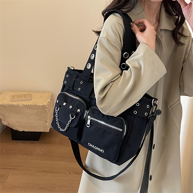 

Stylish Y2k Canvas Bag With Rivets, Single Shoulder Bag, Crossbody Bag, Large Capacity Tote Bag, Handbag