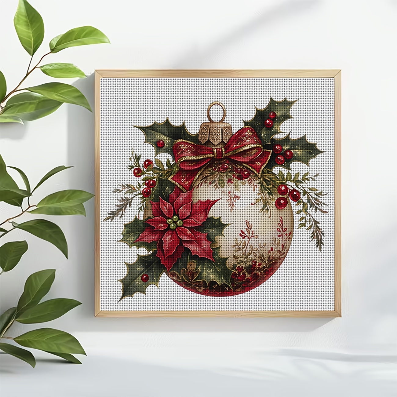 Cross Stitch Printed Kit, Christmas Ornament Red Bow Tie Berry Pattern