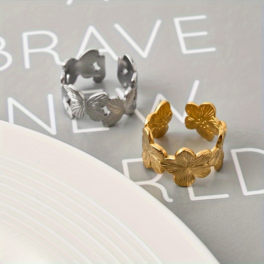 Floral Butterfly Stainless Steel Open Ring - Romantic Gift