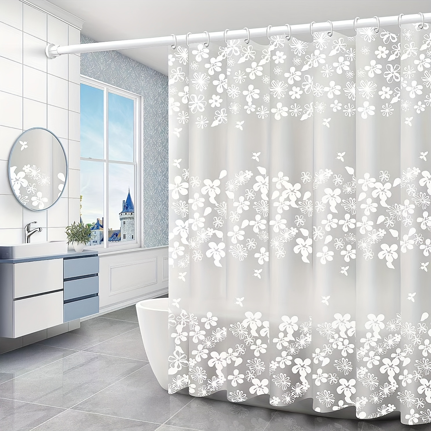 Shower Curtain White Cranes Linen Bathroom Curtain Mat Set Shower Liner Bathroom Curtain Floor Mat top Set Shower Waterproof Curtain With Rings