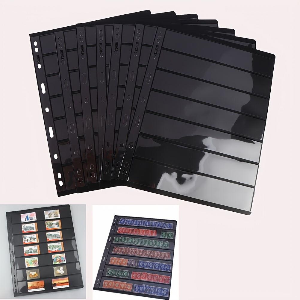 

10pcs Black Pvc Stamp Album Pages With 7 Compartments - Acid-free, Fits & Standard Binders For Postcards, Coins, And Collectibles