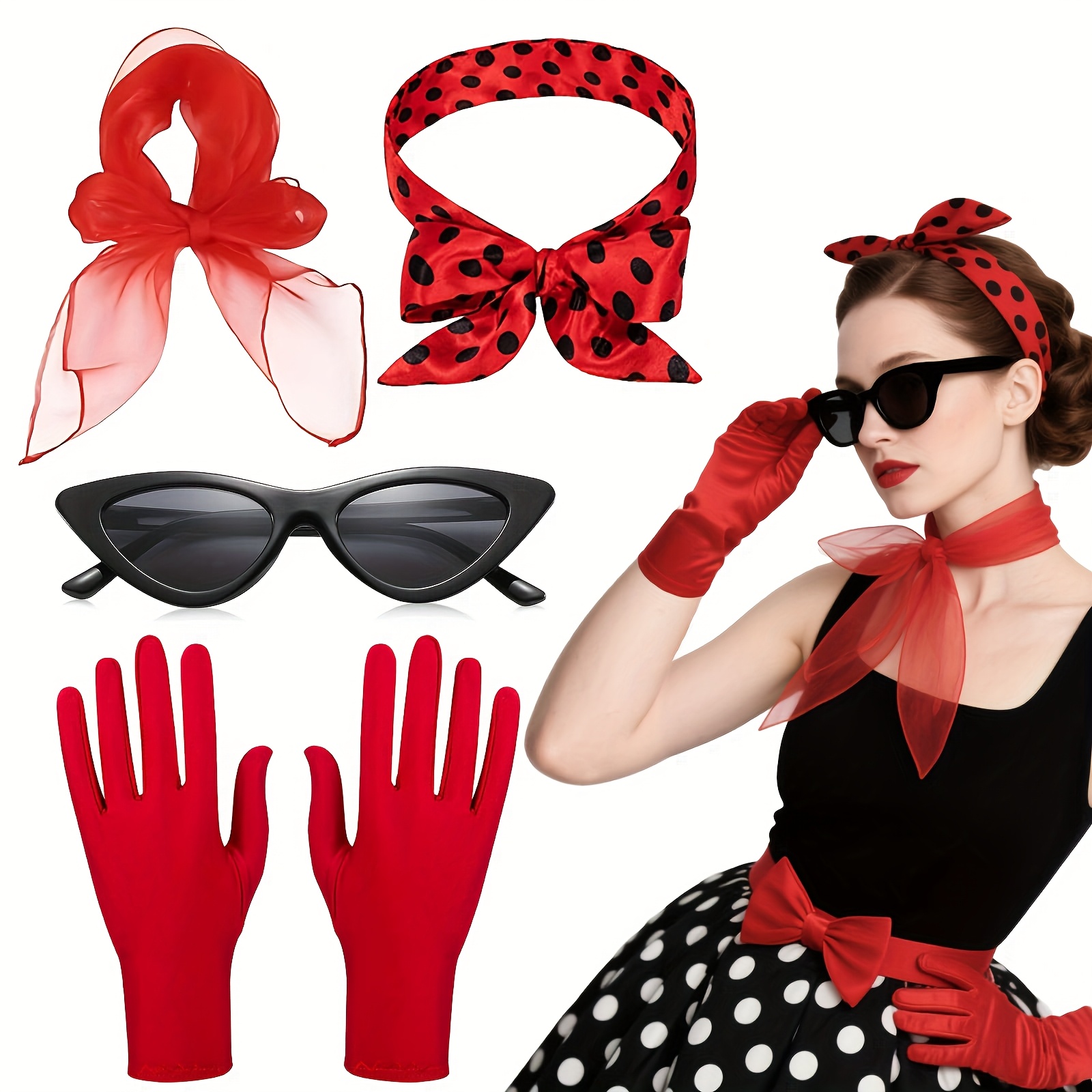 4pcs 50s Costume Accessories Set for Women, Retro 1950s Scarf Cat Eye  Glasses Polka Dot Headband Glove for Women Ladies 50s Theme Party Halloween  Cosplay Dress Up