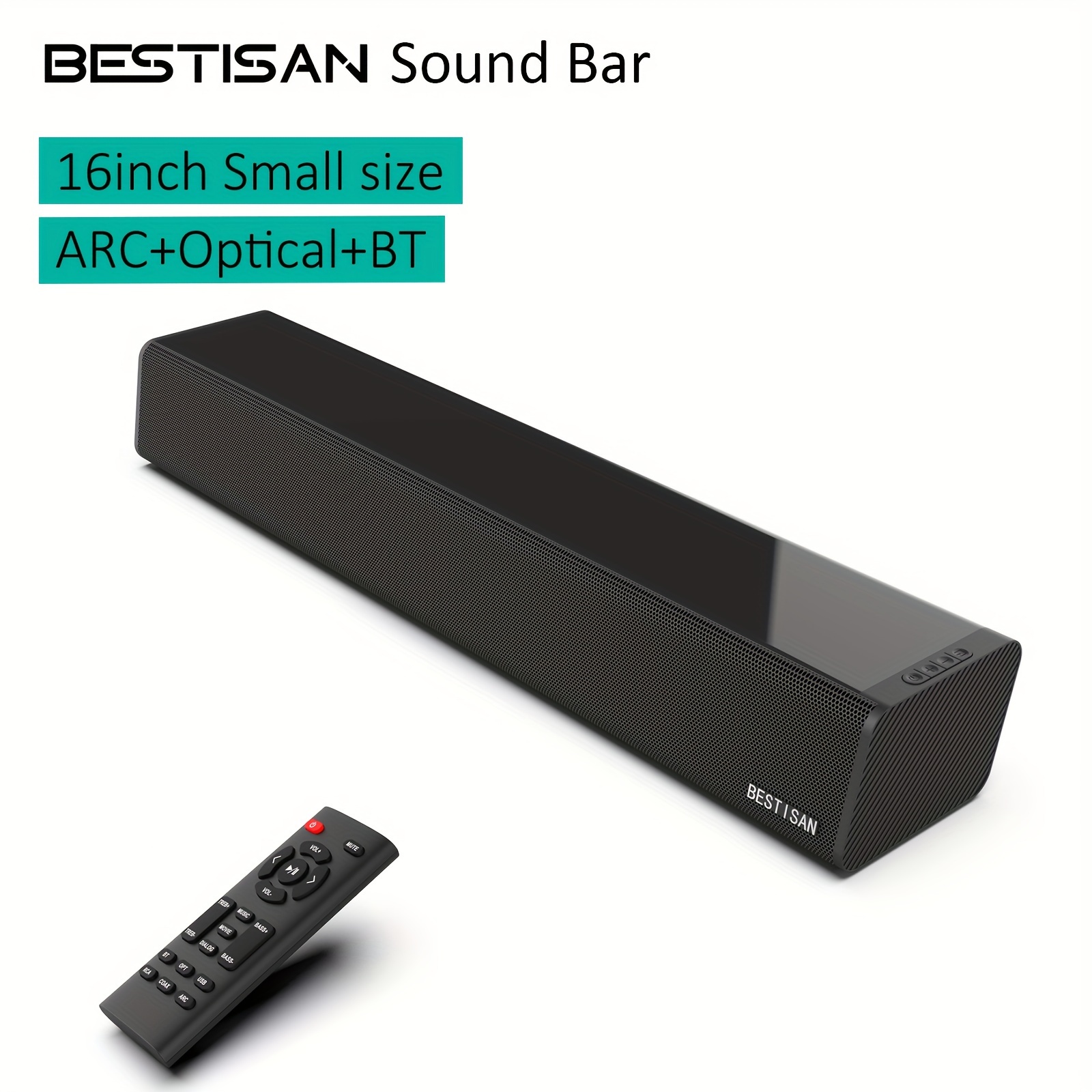 

Bestisan Sound Bars For Tv, Pc, Gaming, Monitor, 50 With Bt 5.0/arc/optical/coaxial/aux/usb , 3 Audio , Bass Adjustable, 16 Inch, Wall Mountable