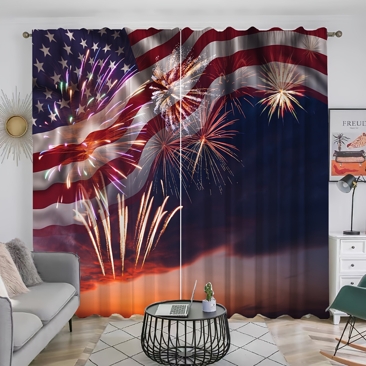 

2pcs, American Independence Day Fireworks Curtains, Rod Pocket Curtain, Suitable For Restaurants, Public Places, Living Rooms, Bedrooms, Offices, Study Rooms, Home Decoration