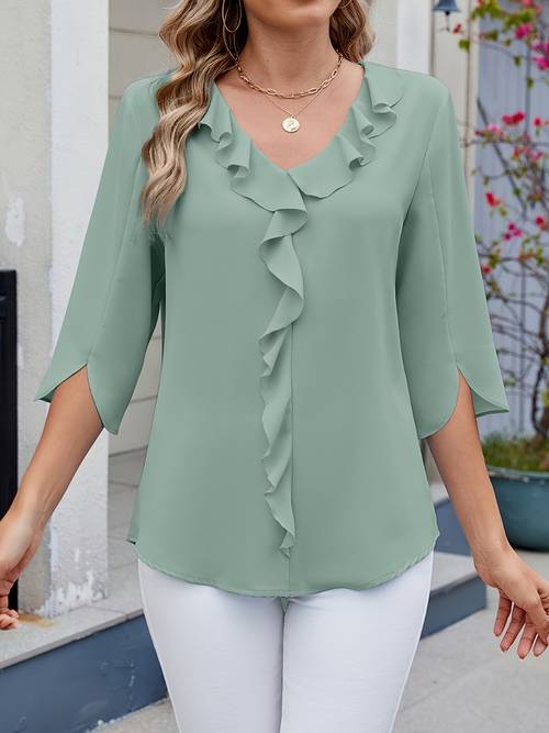 frühlings-/sommer-damen-chiffonbluse, -sleeve v-ausschnitt raffung rüschen lockeres elegantes top