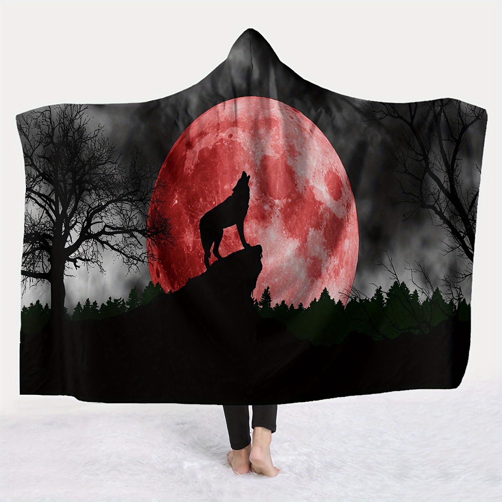 

Jit 1-piece Wolf-print Hooded Blanket: Contemporary Style, Machine Washable, Digital Print, Flannel Fabric, Suitable For Sofa, Bed, Travel, And More