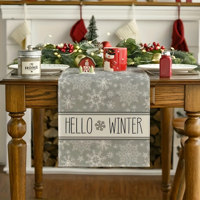 

1pc Winter Grey Table Runner, "hello Winter" Design, Polyester, Woven, Rectangle, Ideal For Indoor & Outdoor, Christmas Dining Decor