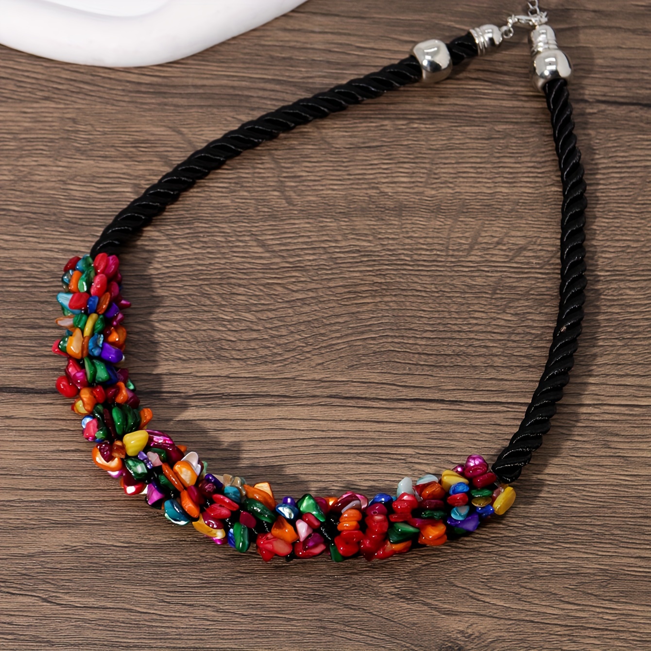 Image of 1pc Choker Necklace, Bohemian Handmade Irregular Crushed Stone Braided Herringbone Rope Collarbone Chain Necklace, Women's Vacation Party Accessory, Holiday Gift
