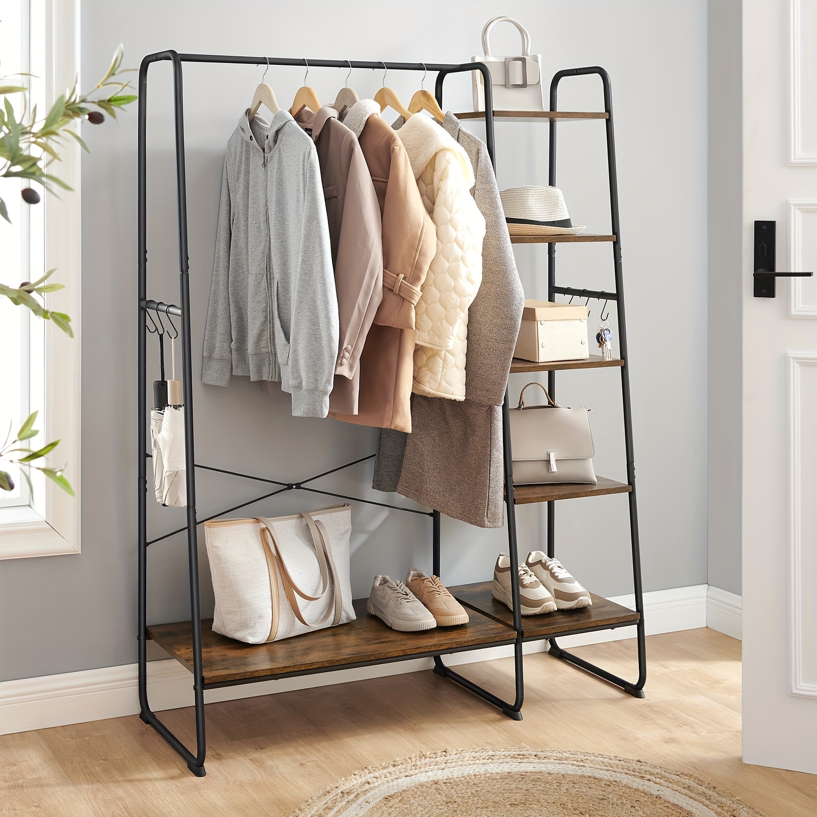 

Vasagle Clothes Rack, Clothing Rack With Shoe Shelf, 5-tier Storage Rack, 6 Side Hooks, For Bedroom, Living Room, Rustic Brown And Black