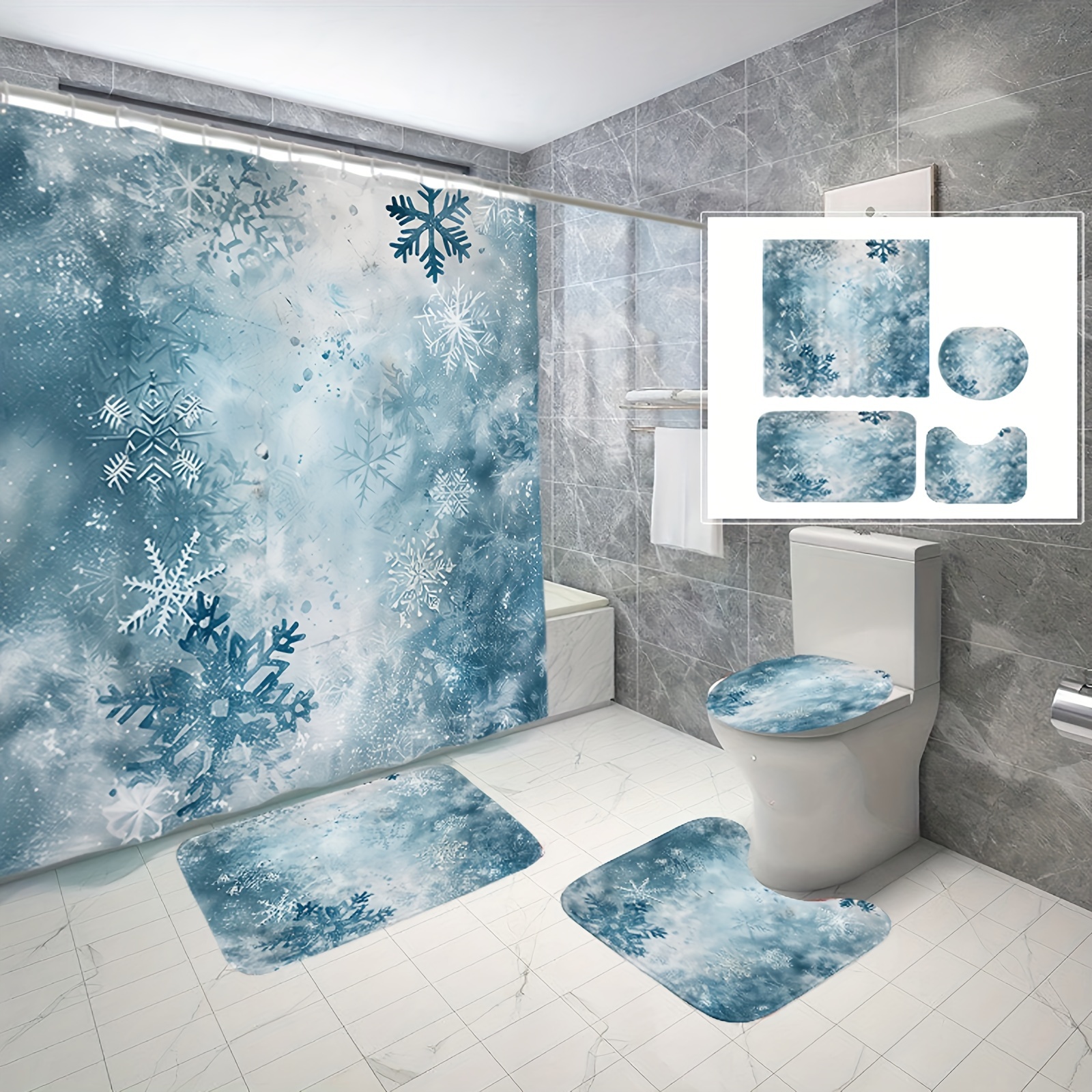 

Winter Theme Shower Curtain Set With Non-slip Bath Mats, Toilet Lid Cover, U-shaped Mat - Polyester Fabric Waterproof Bathroom Decor With 12 Hooks - Arts , Woven, Cordless, No , Use