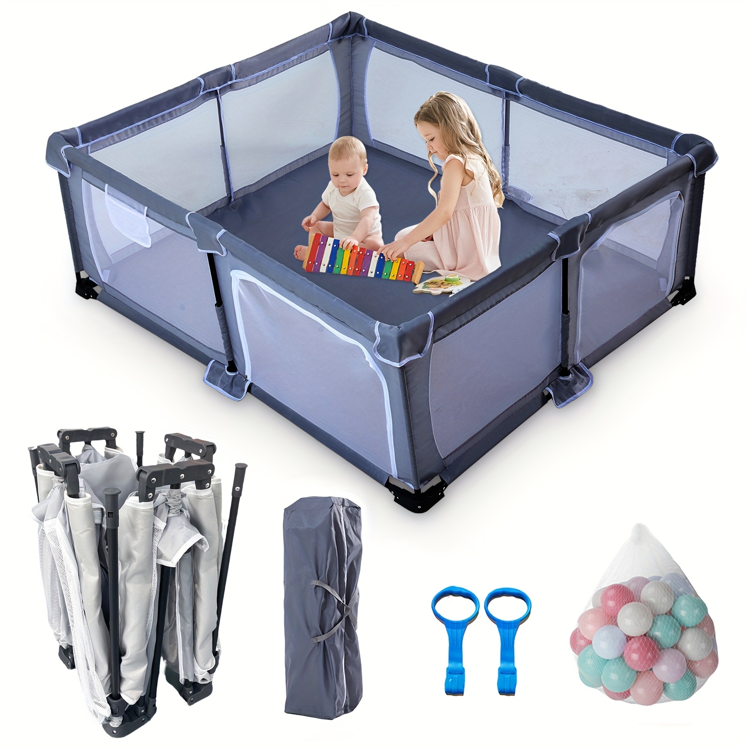Extra Large 14-Panel Baby Playpen - Foldable Play Yard For Toddlers, Portable Safety Fence (Grey)