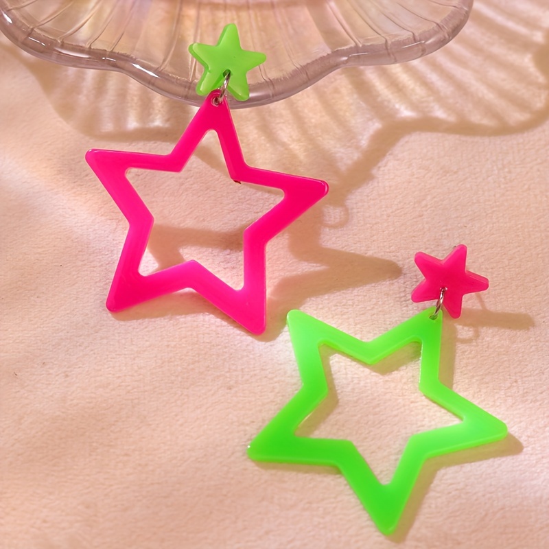 Image of Exaggerated Trendy Earrings, Fluorescent Color Hollow Five-pointed Star Acrylic Stud Earrings, Designer Ab Style Dangle Earrings For Women