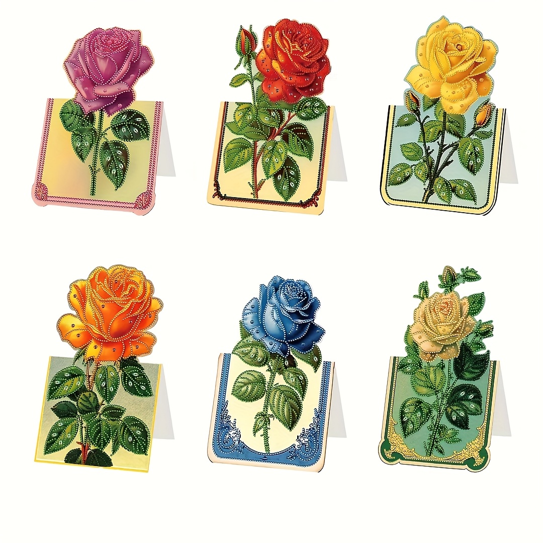 E-shop 6-teiliges Geschenkset für alle Jahreszeiten, kreatives romantisches Rosen-Thema Diamantmalerei Grußkarten-Set, DIY geformte Strassmalerei 3D