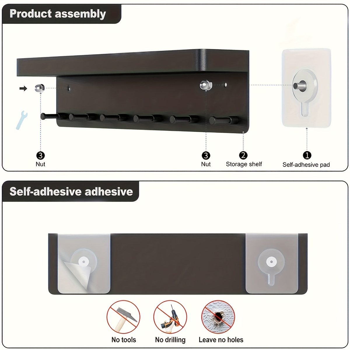 1pc Punch-free Wall-mounted Rack, Kitchen Storage Rack, Bathroom Storage Rack, Door Keychain, Clothes Hanger, Floating Shelves