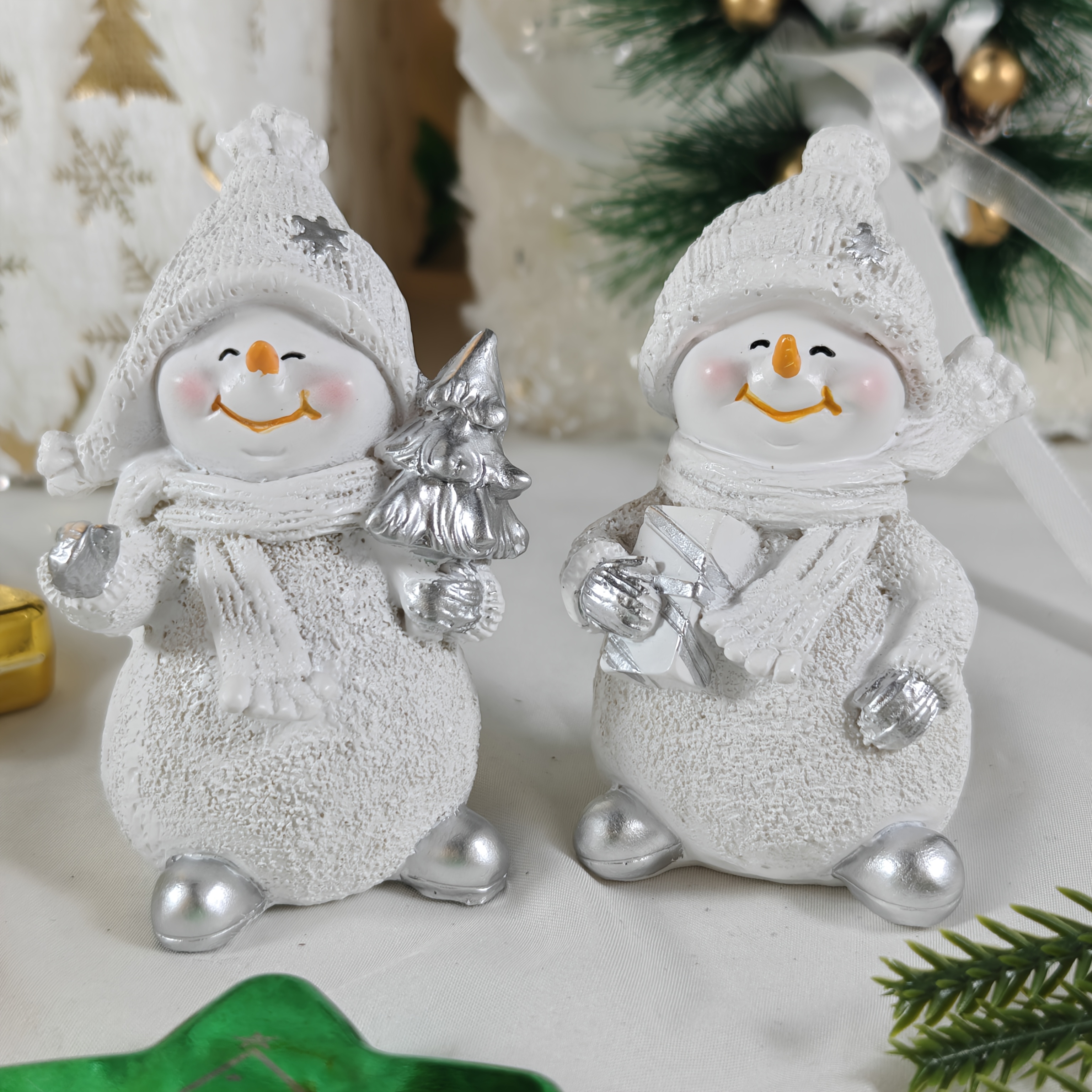 1set White Snowman Brothers Collectible Figurines Christmas Decorations Winter Decorations Home Decor Items