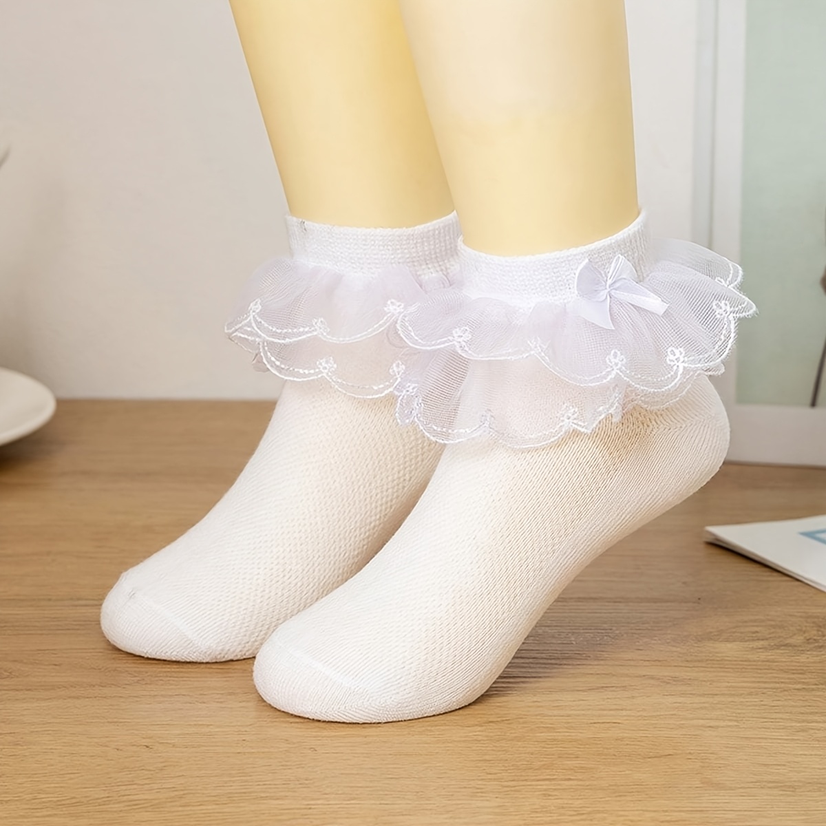 TEMU 1 Pair Of Girls' Solid Color Bow Lace Ballet Socks, Comfortable Breathable Dance Stockings