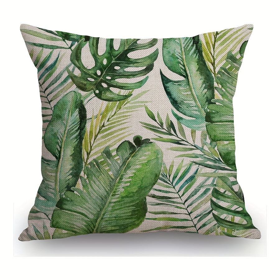 

Tropical Palm & Fern Leaves Linen Throw Pillow Cover - Green Farmhouse Cushion Case For Sofa, Machine Washable With Zipper Closure - Available In 16x16, 18x18, 20x20 Inches (pillow Not Included)