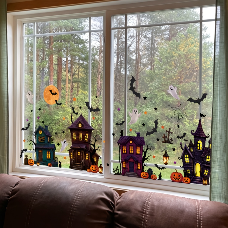 TEMU 1set/4pcs Colorful Spooky Haunted House Static Cling Window Stickers With Bat Pumpkin Web Star, Double-sided , No Glue No Residue Halloween Fall