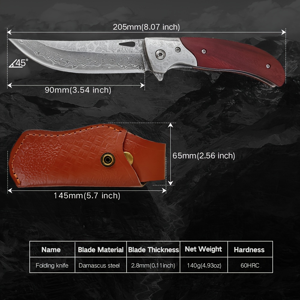 vg10 damascus steel damascus knife folding knife damascus pocket knife with clip wooden handle leather sheath foldable edc knife for outdoor survival collection shop now for limitedtime deals temu details 4