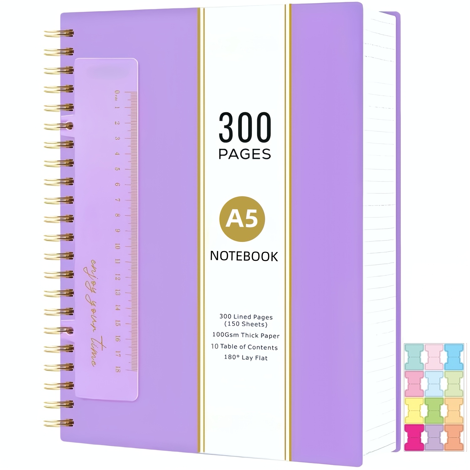 300 Pages A5 Spiral Lined Notebook With Pockets, Index Stickers 300 Pages 100gsm Thick Spiral Writing Journal For , Large A5 Notebooks For Work, School Supplies, 21.3cm X 16.5cm