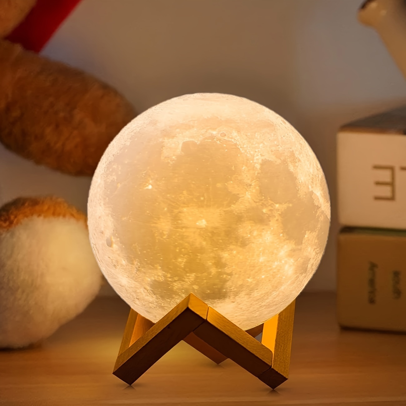 Night Lights Moon Lamp with Stand and Remote Control USB Plug-in Moon Lamp, White Ball Moon Lamp Wooden Frame Base, 16 Colors LED Night Light_voghion.com