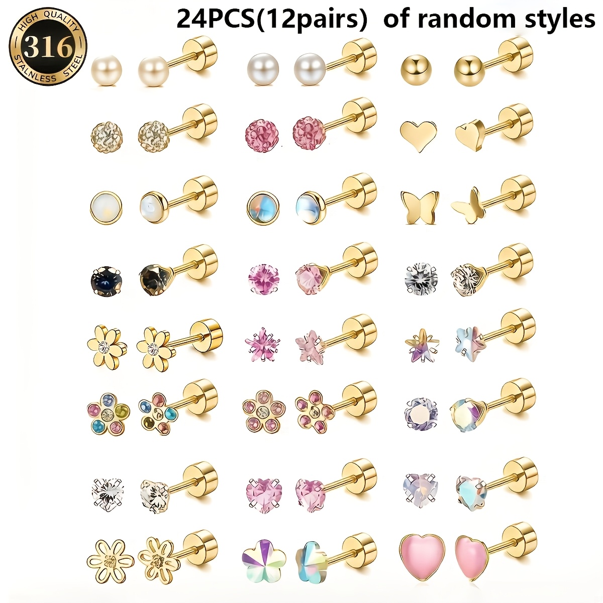 TEMU Spring/summer 24pcs, 12 Pairs/set (random Styles) Steel , Round, And Five-pointed Earrings With Synthetic Synthetic Cubic Zirconiaia Inlay,