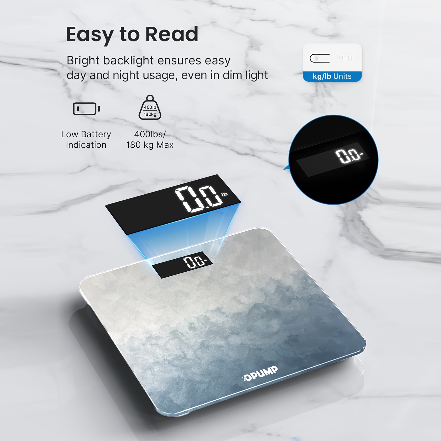 OPUMP Digital Bathroom Scale, Highly Accurate Body Weight Scale with Lighted LED Display, Round Corner Design, High-precision, High-definition Display Screen And Temperature Display (switchable Between KG And Pounds), 400 Lb, Core 1S, Wooden