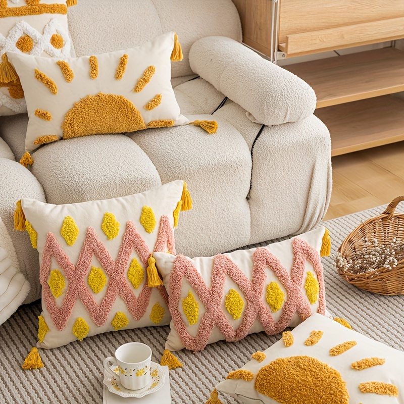 

1 housse de coussin bohème à pompons soleil levant, pour canapé, chambre à coucher, décoration de la maison, sans coussin, 45,7 cm x 45,7 cm, 30,5 cm x 50,8 cm.