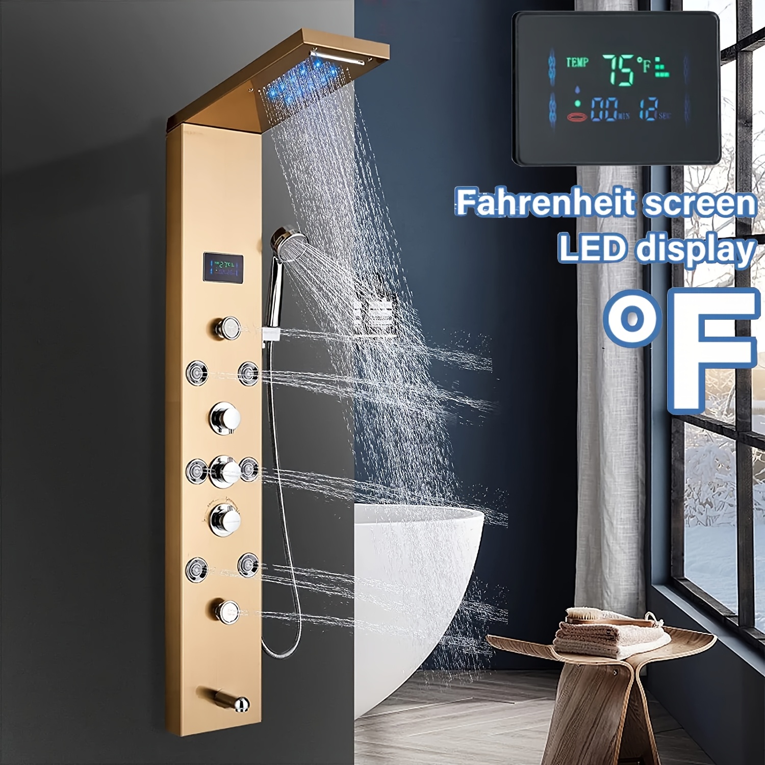 Black LED 5in1 Rainfall Shower Panel System Set W/Massage Jet