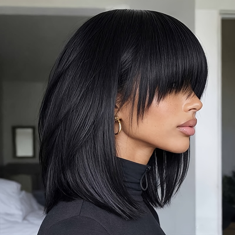 Image of Amecire Women's Brazilian Human Hair Wig Glueless Straight Bob With Bangs Suitable For , Density Hairpiece, Machine-made Full Wig For Casual Attire & Parties, Elastic For