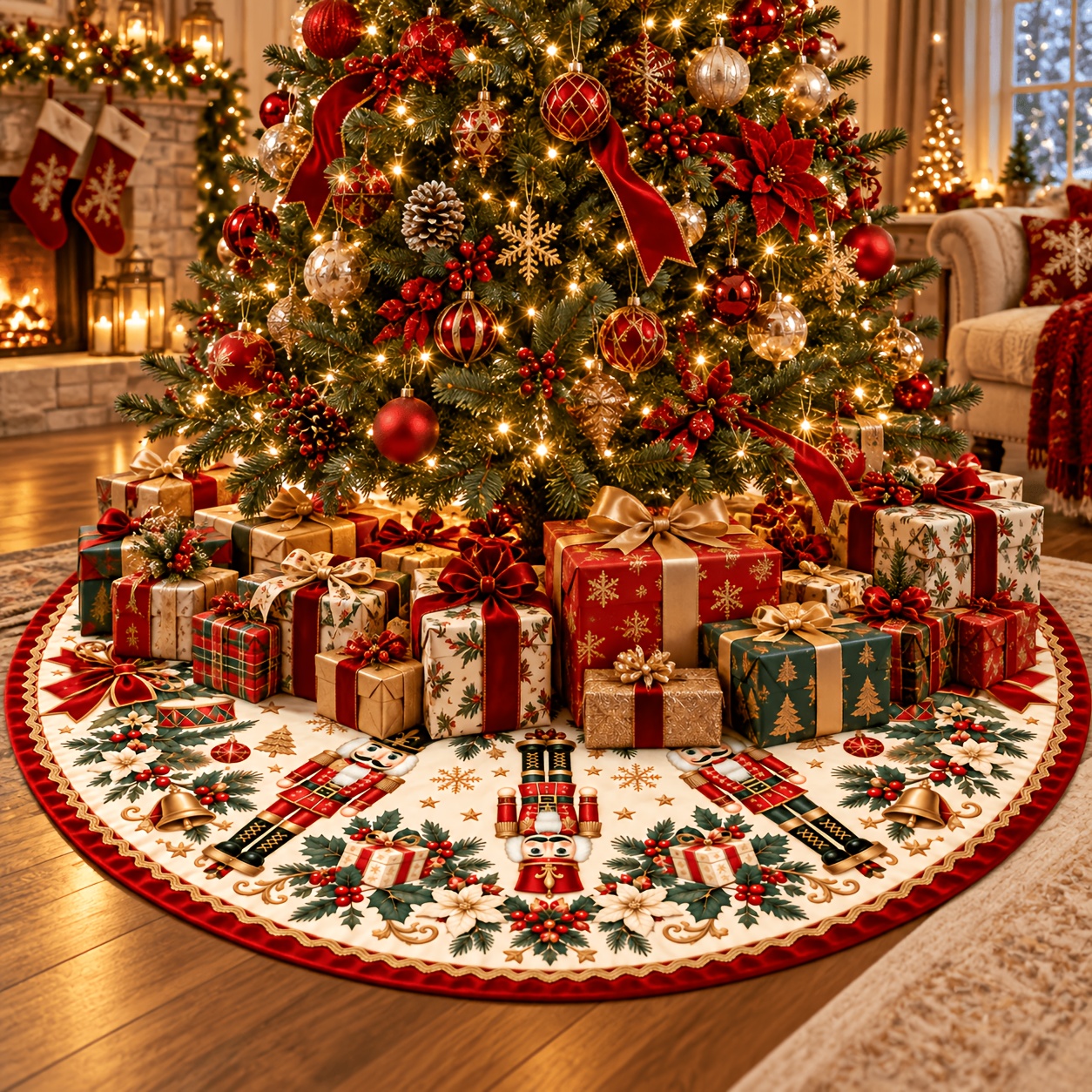 TEMU 1pc, Bas de sapin de Noël , bordure en velours rouge, base de sapin de Noël ronde, décoration de fête, maison, salon, sapin de Noël, articles