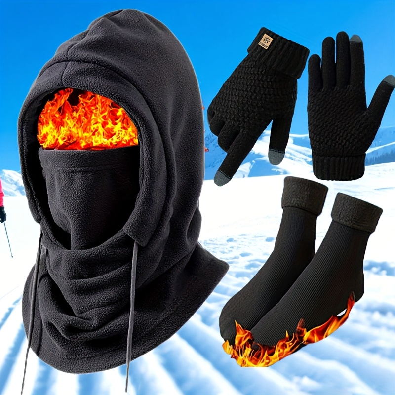 3pcs Winter Hat Hood Scarf Gloves Warm Socks Set