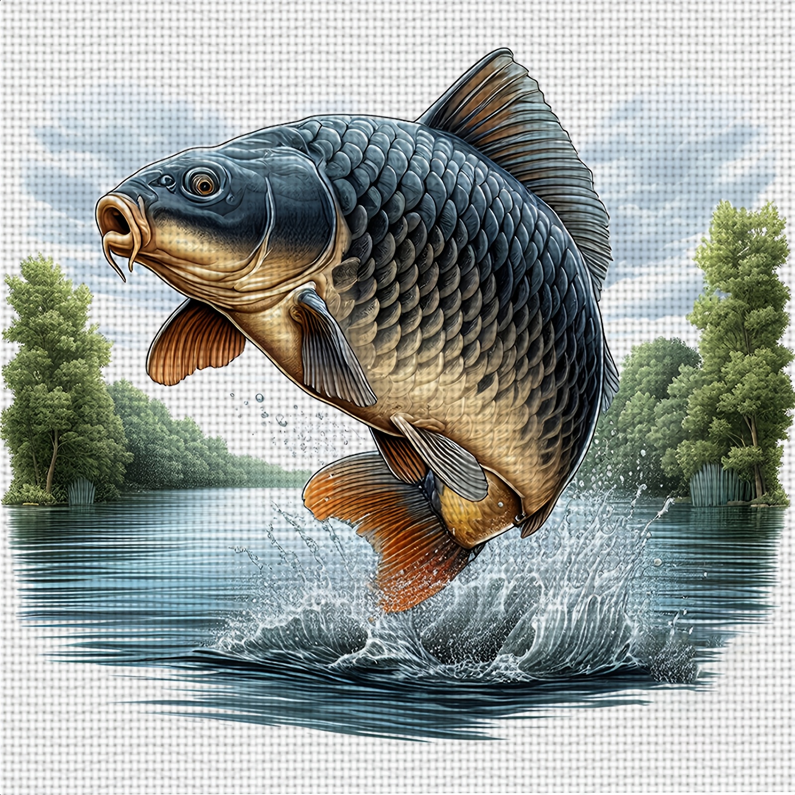 TEMU 1pc Complete Diy Cross- Kit Suitable For Carp Leaping Water - Full Hoop Frameless With Pre-printed Fabric, Threads, Needles & Instructions |