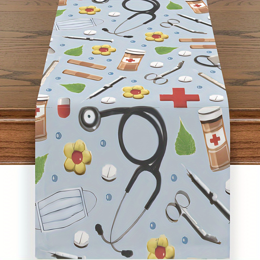 

1pc, Table Runner, Flowers Love Doctor Nurse Day Theme Table Runner, Cotton Sateen Table Runner, Table Decoration, Home Party Indoor Decor, Home Dustproof Stuff, Party Supplies