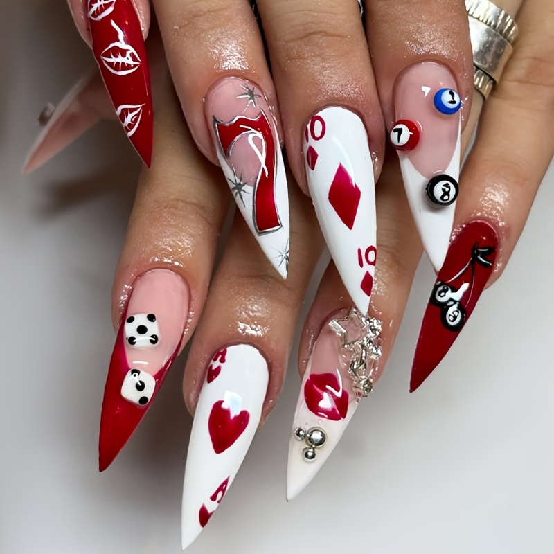 TEMU Lot de 24 faux ongles longs en acrylique à pression, style Stiletto, surface brillante, bout rouge, réutilisables, avec imprimé numéro, lèvres ,