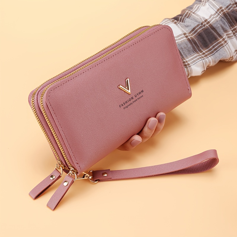 

Pink Synthetic Leather Women' With , Large Capacity, Wrist Strap, And Stylish "v" - Retro Two-layer Clutch For Use, Wallet | Stylish Women' | Wallet, Card Holder Wallet