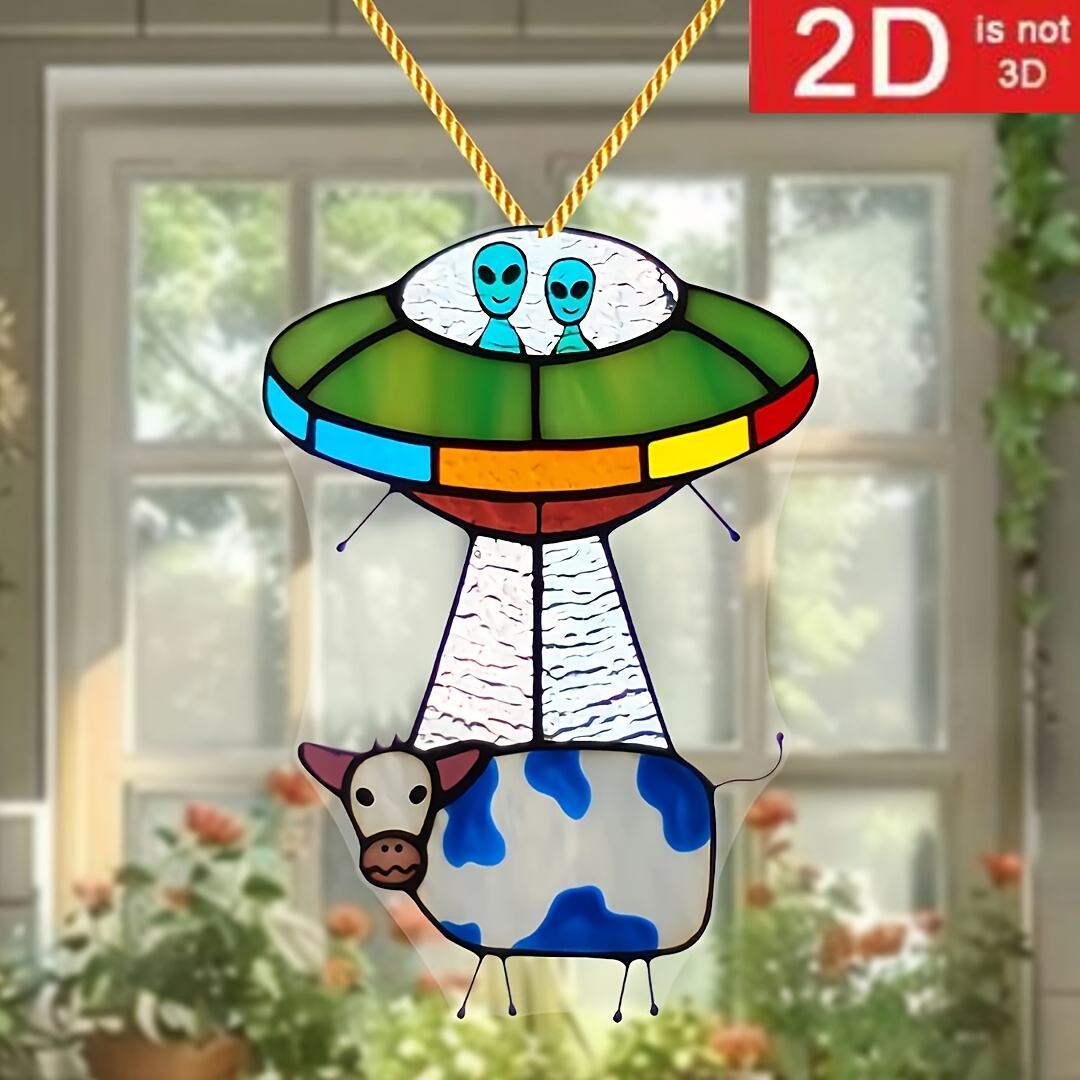 

2d Flat Jit2d Ufo Aliens And Cow Colorful Acrylic Wall Hanging - Art , Home And Porch Decor, Ideal Gift For Women, 5.51" X 7.87