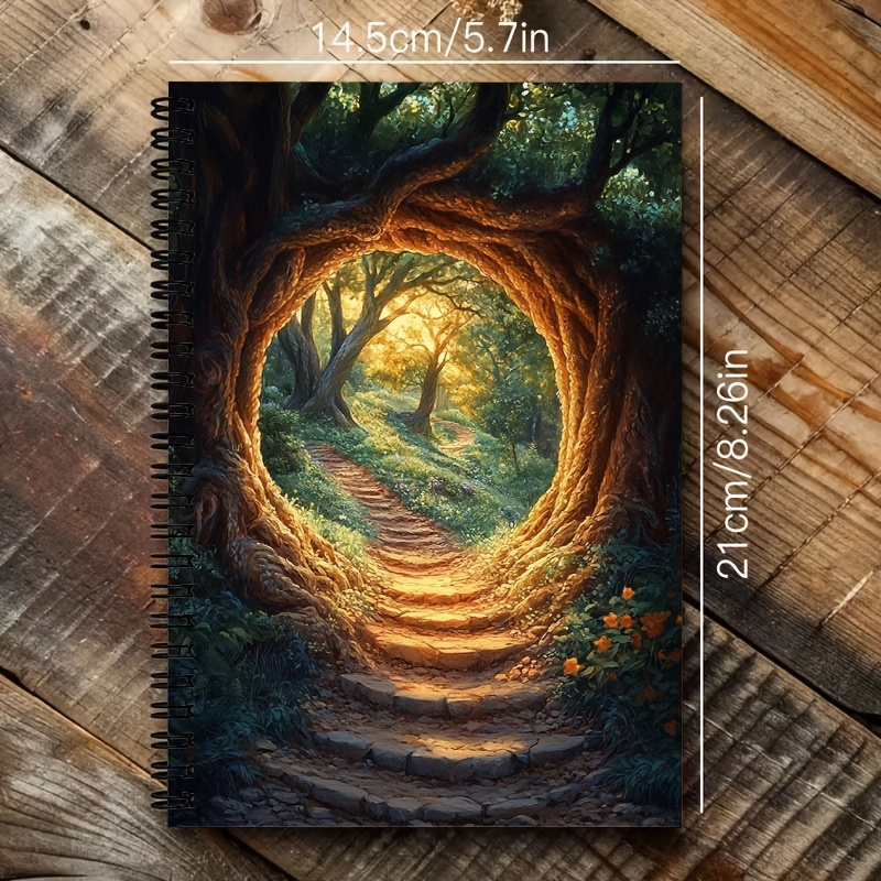 TEMU 1pc [2d] Flat Spiral Notebooks A5 Spiral Coil Lined Notebook Whimsical Forest Path Illustration Back-to-school Gift Journal Student Class