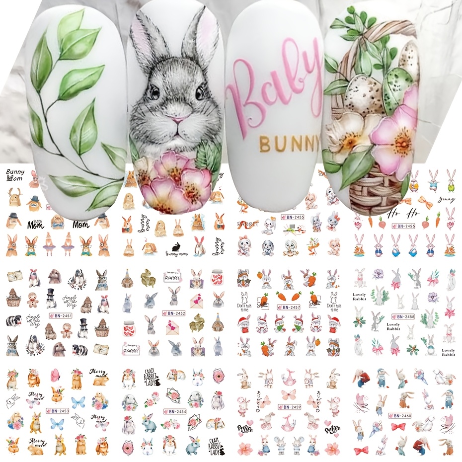 

12pcs Easter Bunny & Egg Nail Art Stickers, Cartoon Animal Design With Glitter, Glossy , Self-adhesive Paper Decals, Single Use, With Spring Floral Leaf Patterns For Plastic Surfaces