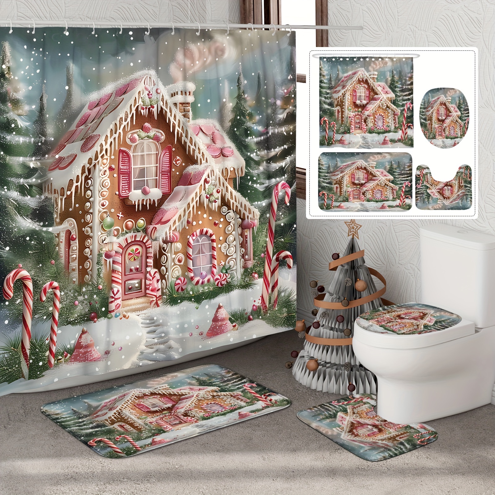 

[] 1/4pcs Christmas Curtain Set Curtain Polyester For Bathroom Omaments 12hooks Bath Mat Lid Mat