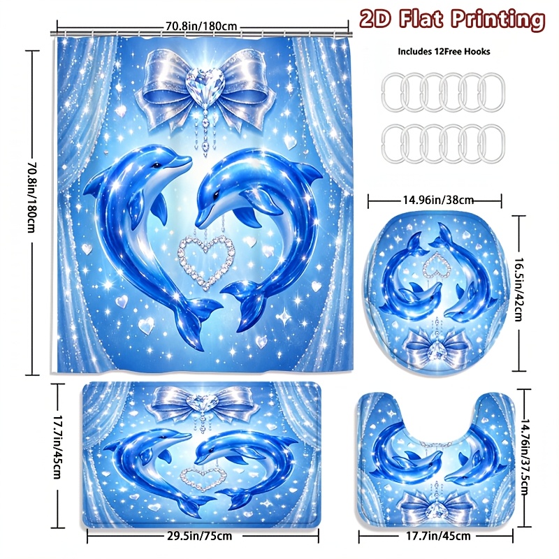 4pcs Dolphin Shower Curtain Set with Romantic Design