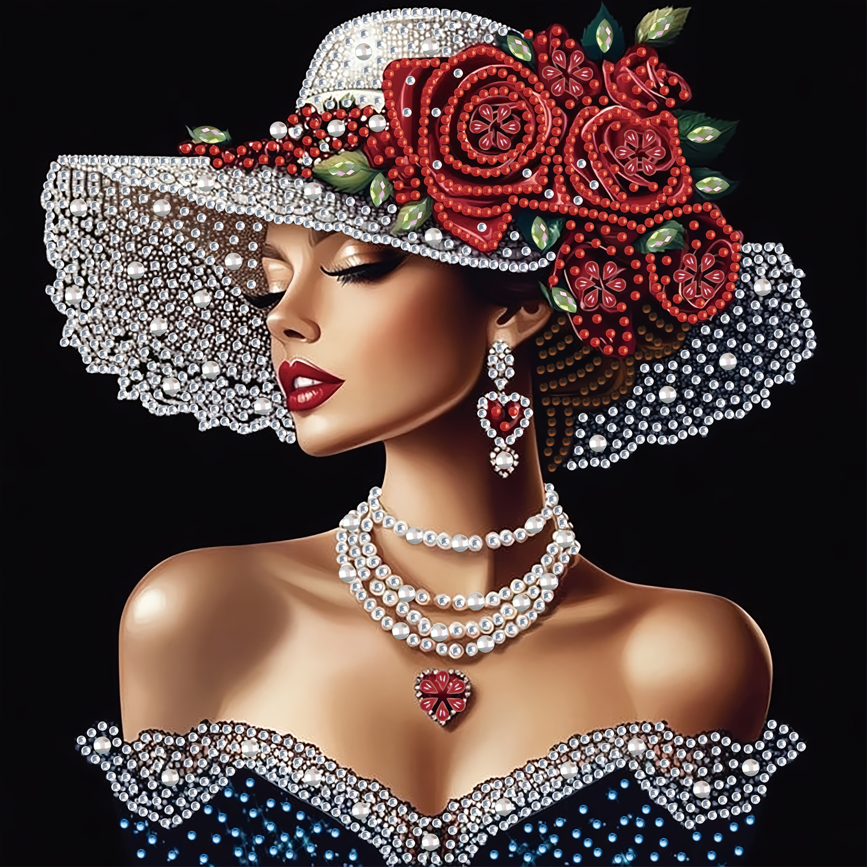 Image of A Set Of "rose Hat Elegant Women's Theme" Diamond Painting Set, Diamond Painting, Partially Inlaid With Irregular Diamonds, Completed Independently Or As Handmade Gifts To