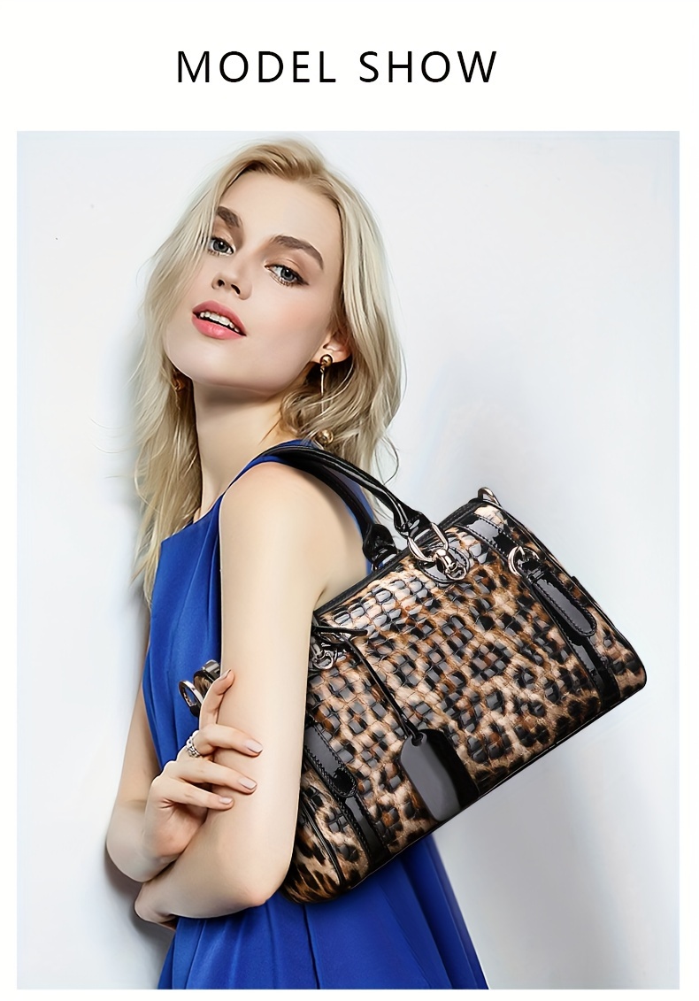luxury genuine faux leather womens handbag spacious stylish with adjustable strap animal print design zip closure details 0