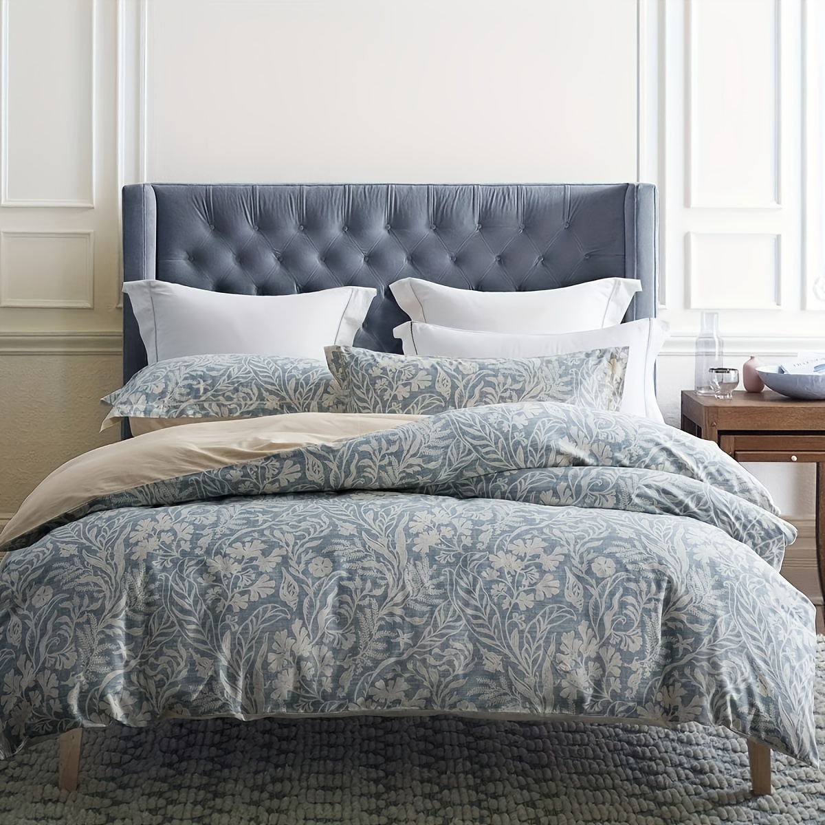 SLEEPBELLA Duvet Cover King Size, 600 Thread Count Cotton Beige & Bluish Grey Printed With Luxurious Leaves Pattern Reversible Botanical Comforter Cover Sets, Bedding Set 3Pcs