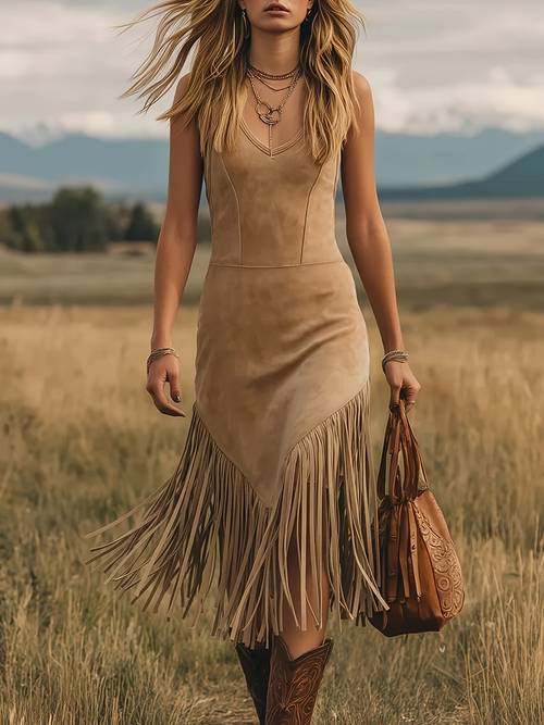 fashion retro western style fringe v neck dress womens dress ytd cherry