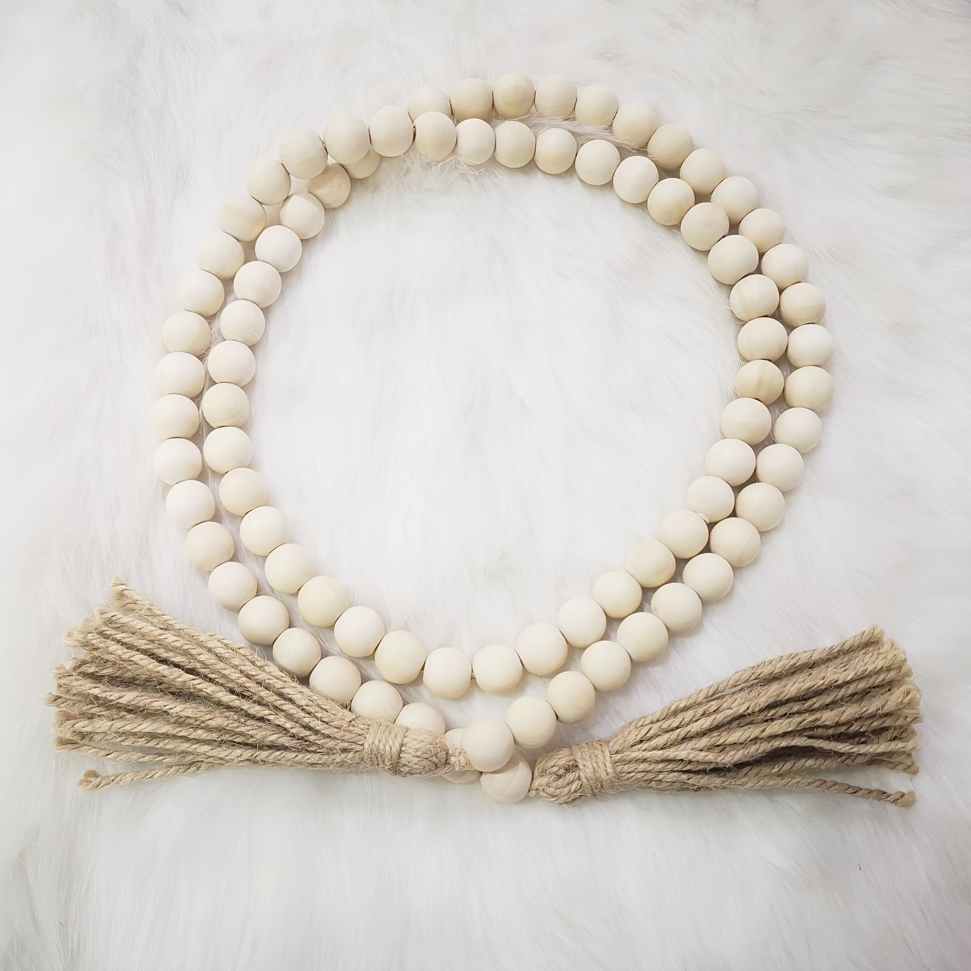 Image of 1pc Natural Wood Bead With Hemp Rope Tassel Necklace, 14mm Beads Total Length 39 Inches, Country Retro Decor, Holiday Ornament, Tabletop And Living Room Decoration, Home Decor, Pure Handmade