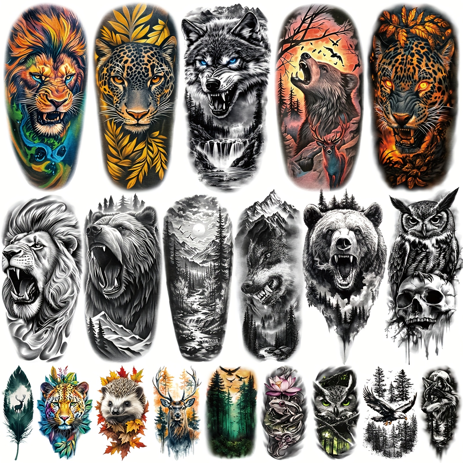 Image of 77pcs Forest Animal Temporary Tattoo Stickers, Waterproof And Long-lasting, Featuring And Tigers, Suitable For Party Costumes For Adults, Men, And Women